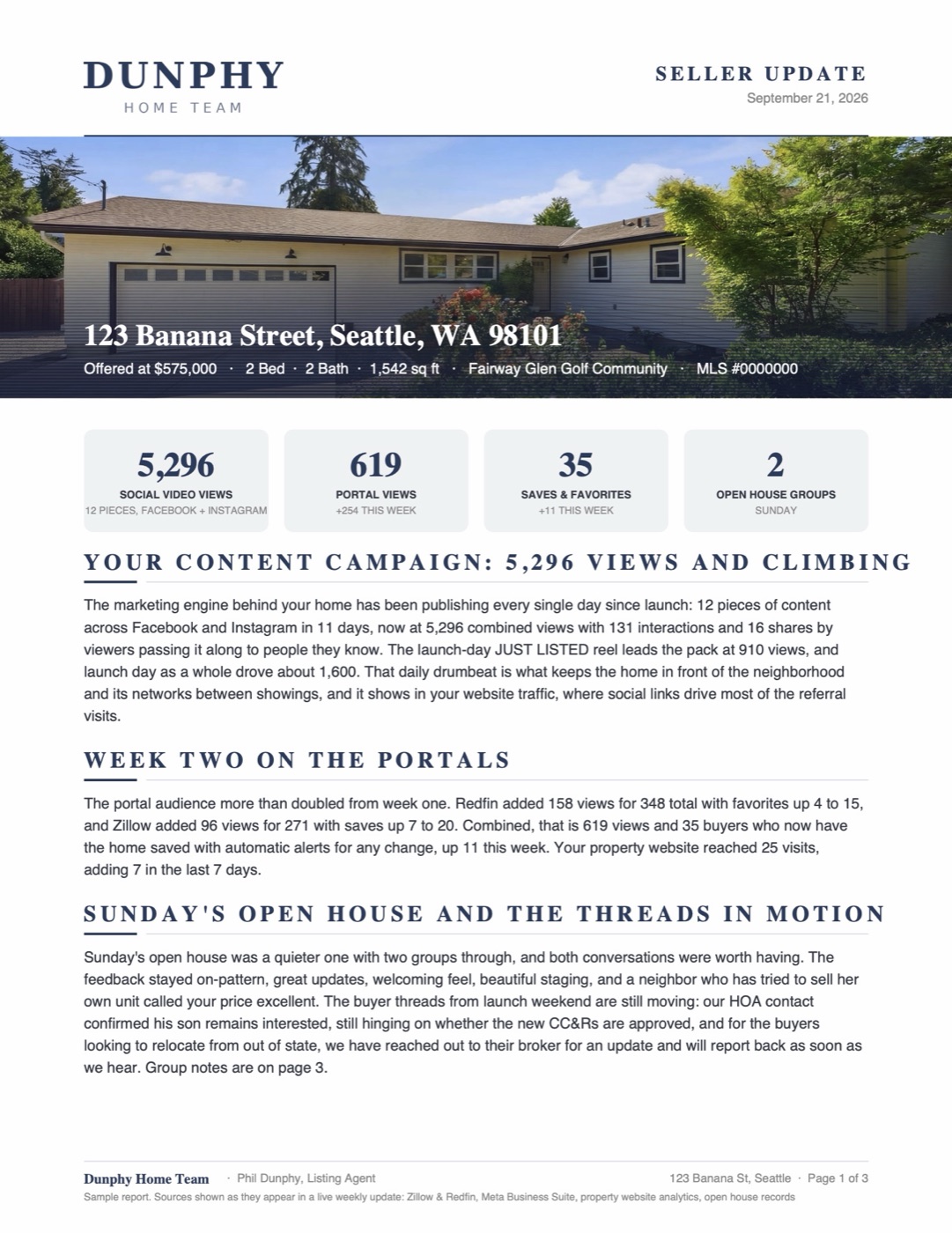 Sample weekly seller update, page one: the week's numbers and what happened