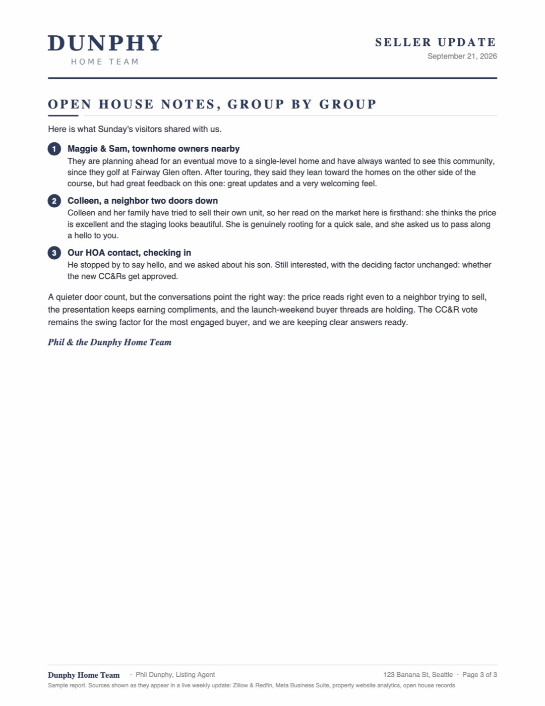 Sample weekly seller update, page three: open house notes, group by group